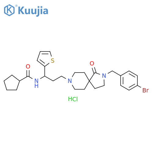 Cyclopentanecarboxamide, N-[3-[2-[(4-bromophenyl)methyl]-1-oxo-2,8-diazaspiro[4.5]dec-8-yl]-1-(2-thienyl)propyl]-, hydrochloride (1:1) structure