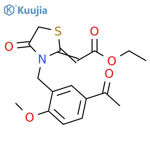 Acetic acid, 2-[3-[(5-acetyl-2-methoxyphenyl)methyl]-4-oxo-2-thiazolidinylidene]-, ethyl ester structure