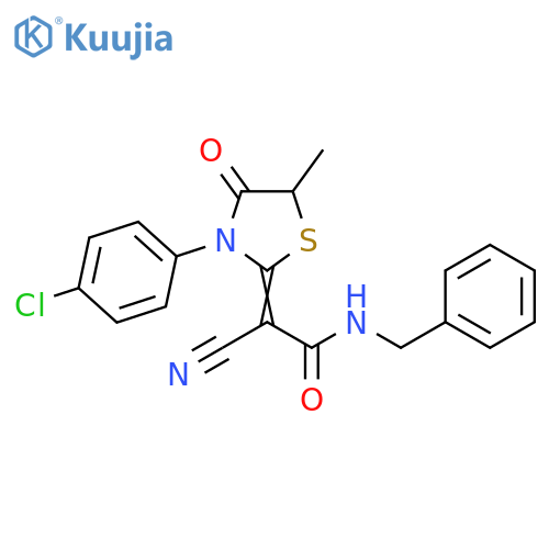 N-benzyl-2-3-(4-chlorophenyl)-5-methyl-4-oxo-1,3-thiazolidin-2-ylidene-2-cyanoacetamide structure
