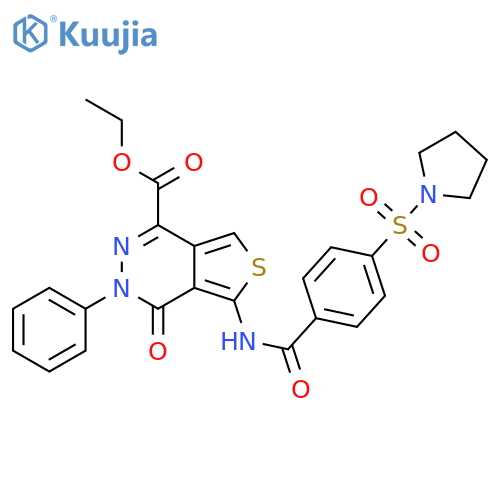 ethyl 4-oxo-3-phenyl-5-4-(pyrrolidine-1-sulfonyl)benzamido-3H,4H-thieno3,4-dpyridazine-1-carboxylate structure