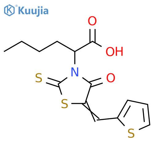 2-(5E)-4-oxo-2-sulfanylidene-5-(thiophen-2-yl)methylidene-1,3-thiazolidin-3-ylhexanoic acid structure