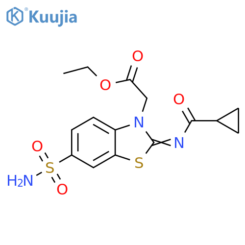 ethyl 2-(2Z)-2-(cyclopropanecarbonylimino)-6-sulfamoyl-2,3-dihydro-1,3-benzothiazol-3-ylacetate structure