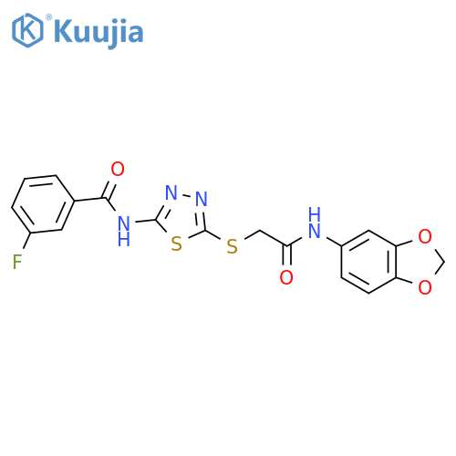 N-5-({(2H-1,3-benzodioxol-5-yl)carbamoylmethyl}sulfanyl)-1,3,4-thiadiazol-2-yl-3-fluorobenzamide structure