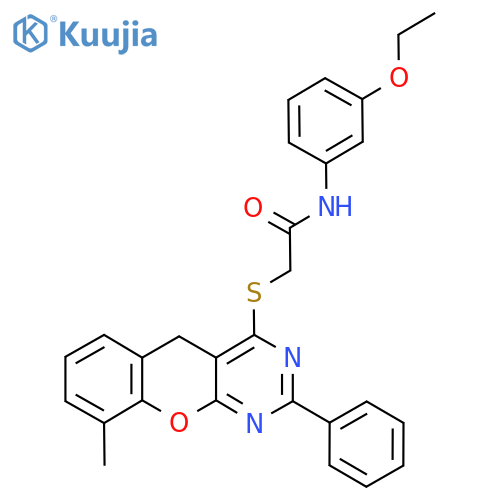 N-(3-ethoxyphenyl)-2-({9-methyl-2-phenyl-5H-chromeno2,3-dpyrimidin-4-yl}sulfanyl)acetamide structure