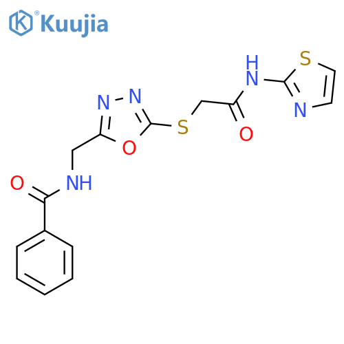 N-{5-({(1,3-thiazol-2-yl)carbamoylmethyl}sulfanyl)-1,3,4-oxadiazol-2-ylmethyl}benzamide structure
