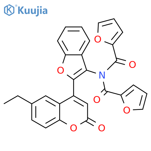 N-2-(6-ethyl-2-oxo-2H-chromen-4-yl)-1-benzofuran-3-yl-N-(furan-2-carbonyl)furan-2-carboxamide structure