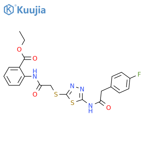ethyl 2-2-({5-2-(4-fluorophenyl)acetamido-1,3,4-thiadiazol-2-yl}sulfanyl)acetamidobenzoate structure