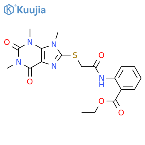 ethyl 2-{2-(1,3,9-trimethyl-2,6-dioxo-2,3,6,9-tetrahydro-1H-purin-8-yl)sulfanylacetamido}benzoate structure