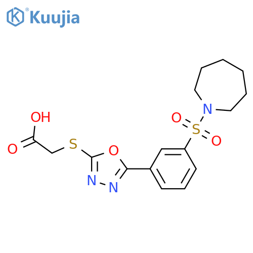 2-({5-3-(azepane-1-sulfonyl)phenyl-1,3,4-oxadiazol-2-yl}sulfanyl)acetic acid structure