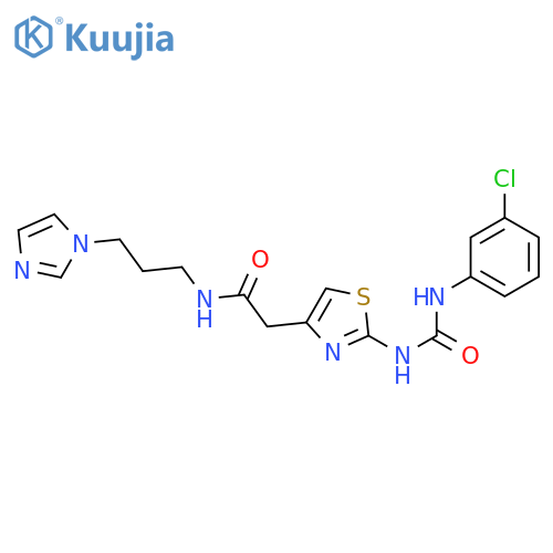 2-(2-{(3-chlorophenyl)carbamoylamino}-1,3-thiazol-4-yl)-N-3-(1H-imidazol-1-yl)propylacetamide structure