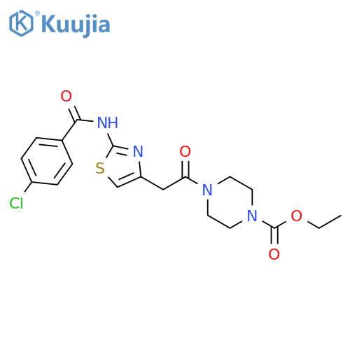 ethyl 4-{2-2-(4-chlorobenzamido)-1,3-thiazol-4-ylacetyl}piperazine-1-carboxylate structure