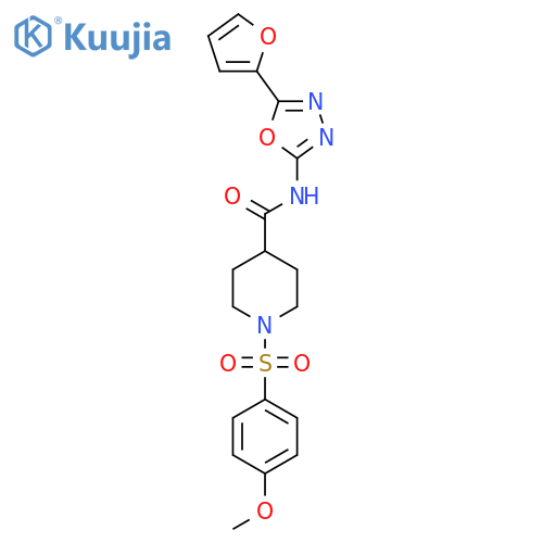 N-5-(furan-2-yl)-1,3,4-oxadiazol-2-yl-1-(4-methoxybenzenesulfonyl)piperidine-4-carboxamide structure