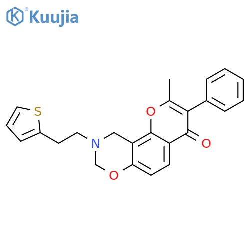 2-methyl-3-phenyl-9-2-(thiophen-2-yl)ethyl-4H,8H,9H,10H-chromeno8,7-e1,3oxazin-4-one structure