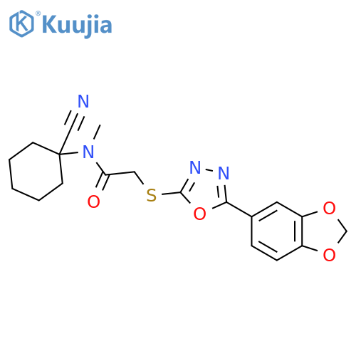 2-[[5-(1,3-benzodioxol-5-yl)-1,3,4-oxadiazol-2-yl]sulfanyl]-N-(1-cyanocyclohexyl)-N-methylacetamide structure