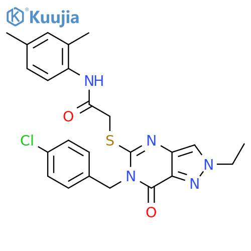 2-({6-(4-chlorophenyl)methyl-2-ethyl-7-oxo-2H,6H,7H-pyrazolo4,3-dpyrimidin-5-yl}sulfanyl)-N-(2,4-dimethylphenyl)acetamide structure