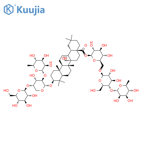 Olean-12-en-28-oic acid, 3-[(O-6-deoxy-α-L-mannopyranosyl-(1→2)-O-[β-D-glucopyranosyl-(1→4)]-α-L-arabinopyranosyl)oxy]-27-hydroxy-, O-6-deoxy-α-L-mannopyranosyl-(1→4)-O-β-D-glucopyranosyl-(1→6)-β-D-glucopyranosyl ester, (3β)- structure