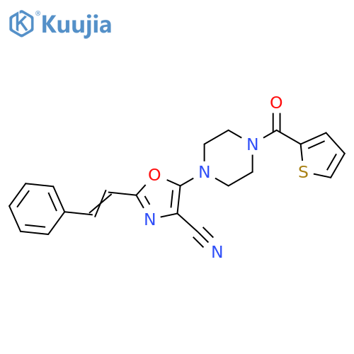 2-(E)-2-phenylethenyl-5-4-(thiophene-2-carbonyl)piperazin-1-yl-1,3-oxazole-4-carbonitrile structure