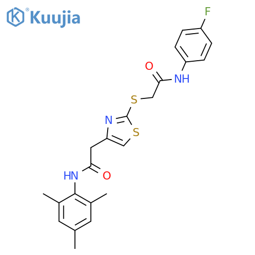 N-(4-fluorophenyl)-2-(4-{(2,4,6-trimethylphenyl)carbamoylmethyl}-1,3-thiazol-2-yl)sulfanylacetamide structure