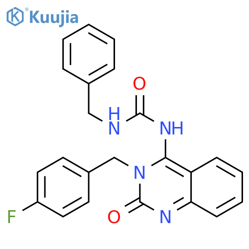 1-benzyl-3-(4E)-3-(4-fluorophenyl)methyl-2-oxo-1,2,3,4-tetrahydroquinazolin-4-ylideneurea structure