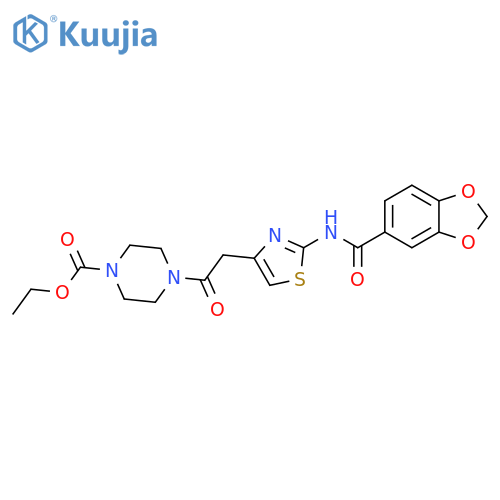 ethyl 4-{2-2-(2H-1,3-benzodioxole-5-amido)-1,3-thiazol-4-ylacetyl}piperazine-1-carboxylate structure