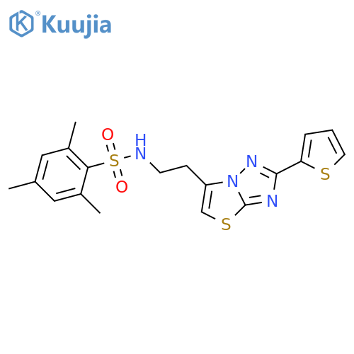 2,4,6-trimethyl-N-{2-2-(thiophen-2-yl)-1,2,4triazolo3,2-b1,3thiazol-6-ylethyl}benzene-1-sulfonamide structure