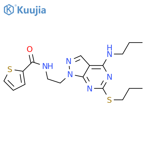 N-{2-4-(propylamino)-6-(propylsulfanyl)-1H-pyrazolo3,4-dpyrimidin-1-ylethyl}thiophene-2-carboxamide structure