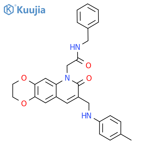 N-benzyl-2-(8-{(4-methylphenyl)aminomethyl}-7-oxo-2H,3H,6H,7H-1,4dioxino2,3-gquinolin-6-yl)acetamide structure