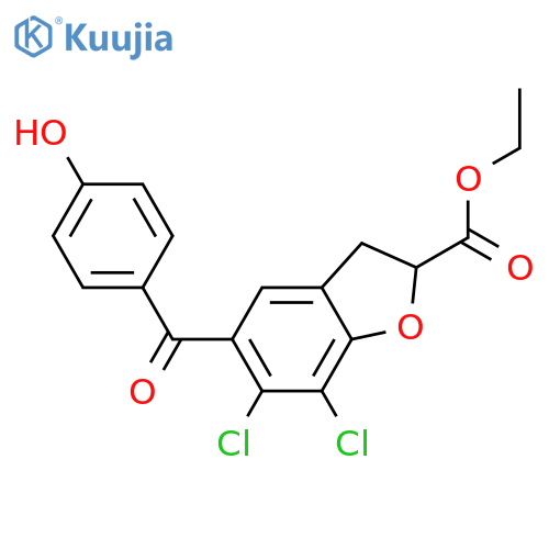 2-Benzofurancarboxylic acid, 6,7-dichloro-2,3-dihydro-5-(4-hydroxybenzoyl)-, ethyl ester structure