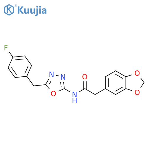 2-(2H-1,3-benzodioxol-5-yl)-N-{5-(4-fluorophenyl)methyl-1,3,4-oxadiazol-2-yl}acetamide structure